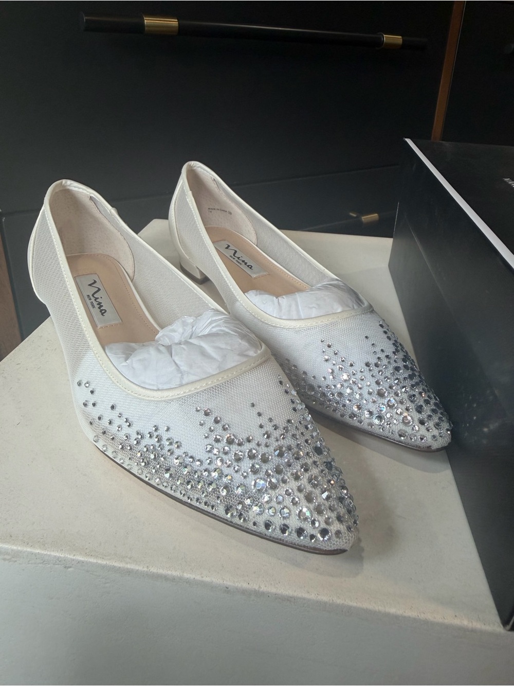 Nina White Crystal Pointed Toe Flats